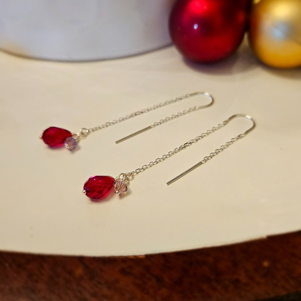 SALE!! Red Teardrop Crystal and Sterling Silver Thread Earrings